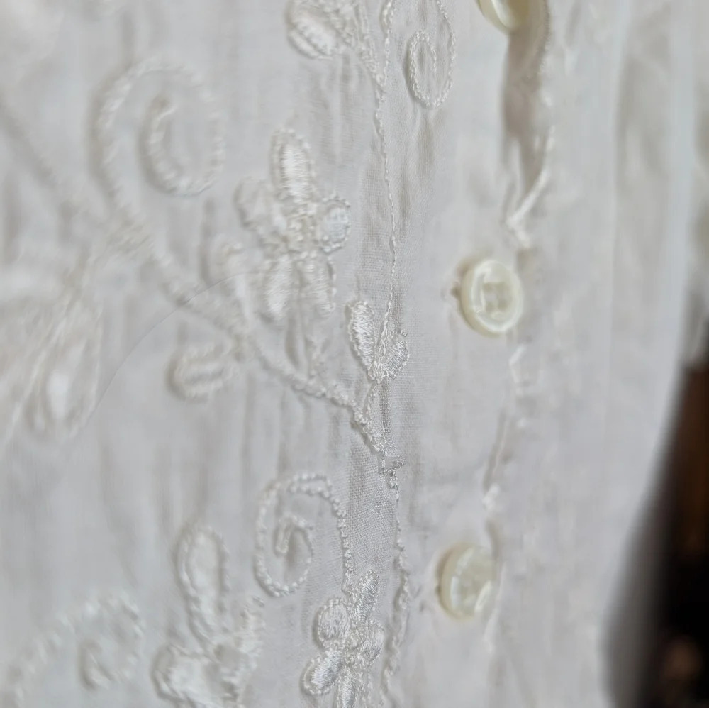 Vintage 90s Styleworks White 100% Cotton Embroidered Detail Button Front Dress 6 - Picture 6 of 11